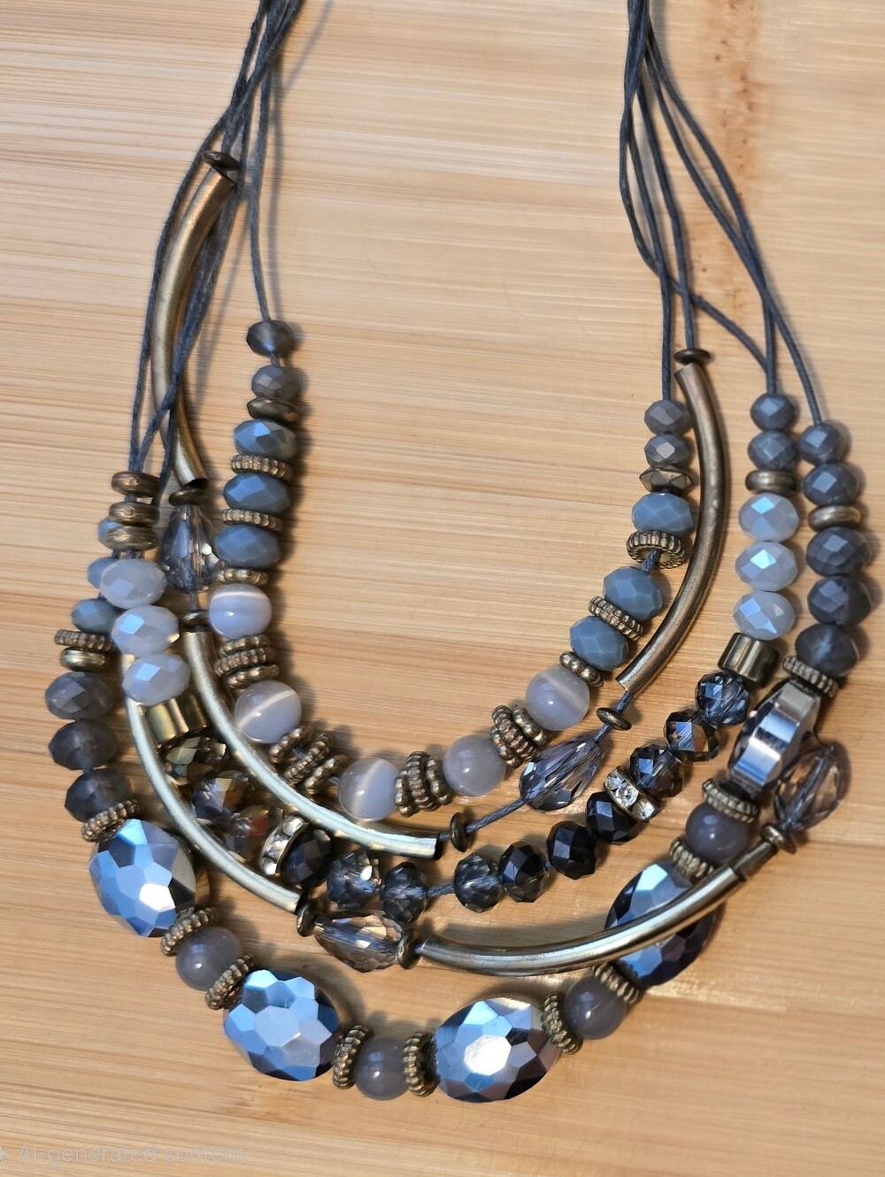 Whimsigoth Layered Multi Strand Necklace Bronze Curved Bar Gray Beaded Bib Boho - Picture 2 of 3